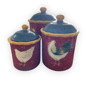Vintage Certified International Patchwork Rooster Canisters by Susan Winget